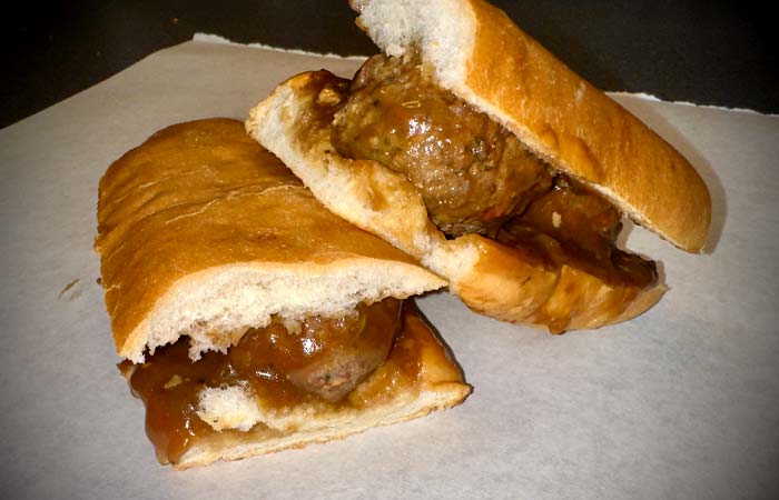 Fat Daddys July sandwich of the month is the Meatball Stew Poboy: Homemade meatballs in brown gravy pressed between our Jumonville Bakery poboy bread.
